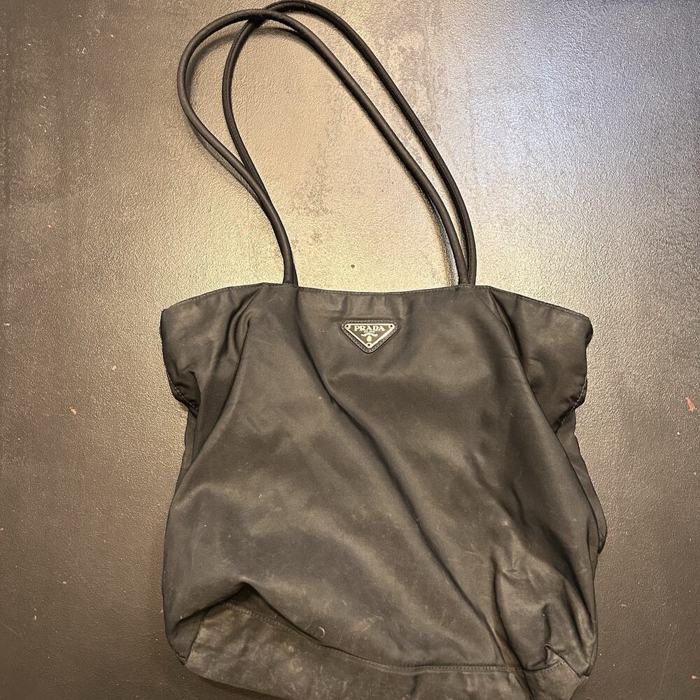 PRADA Small Shoulder Tote Bag Vintage Black Tessuto Nylon Leather Zip-Top